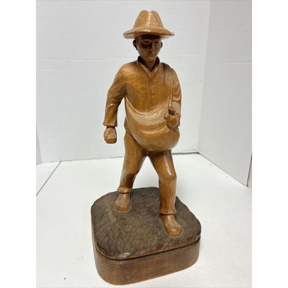 13" Tall Hand Carved Wooden Man Seeding Farming